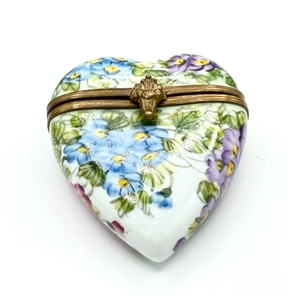 Vintage Limoges France Heart Trinket Box Hand Painted Porcelain Forget Me Not
